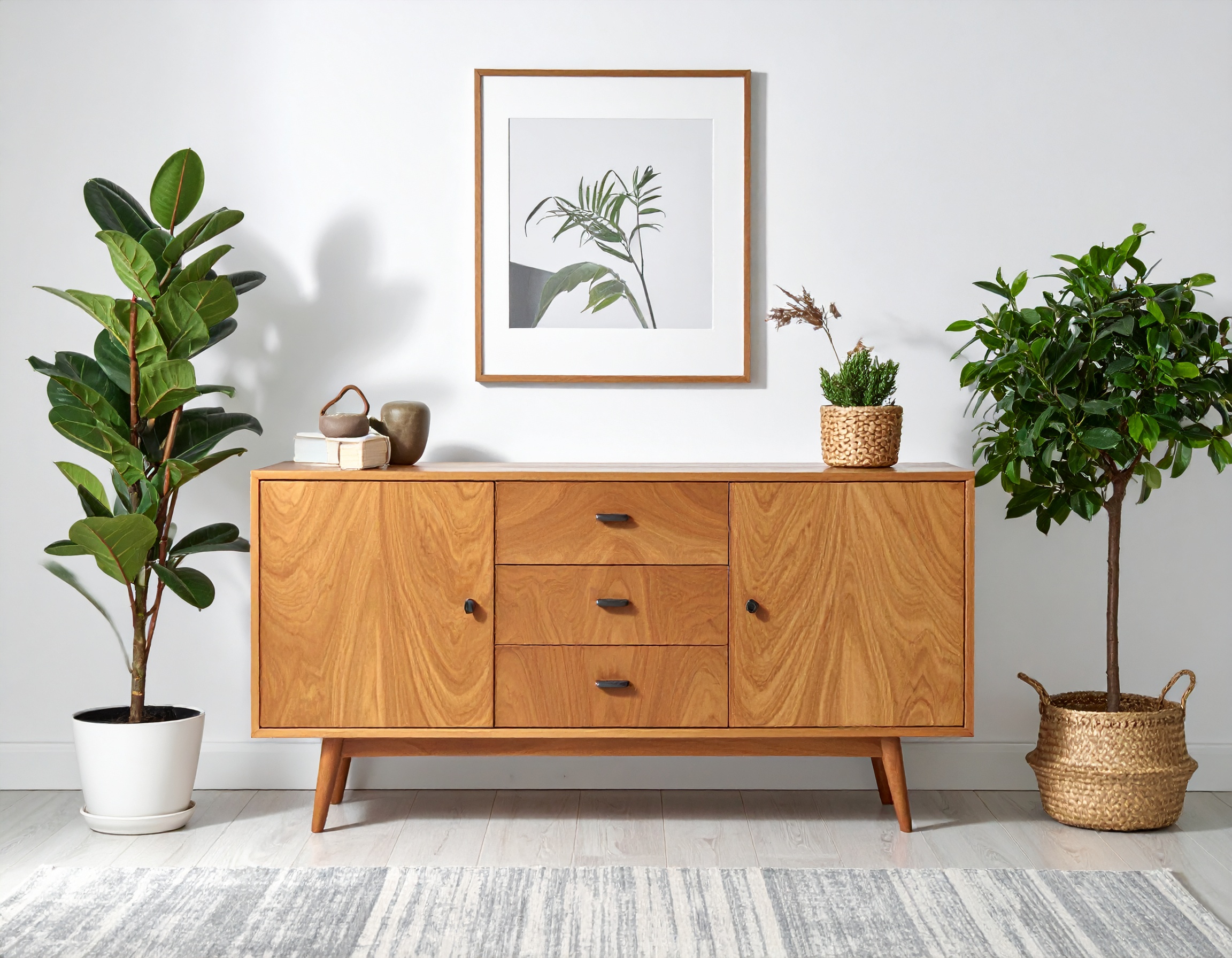 Un buffet en chêne massif avec trois portes, placé dans une salle à manger lumineuse.